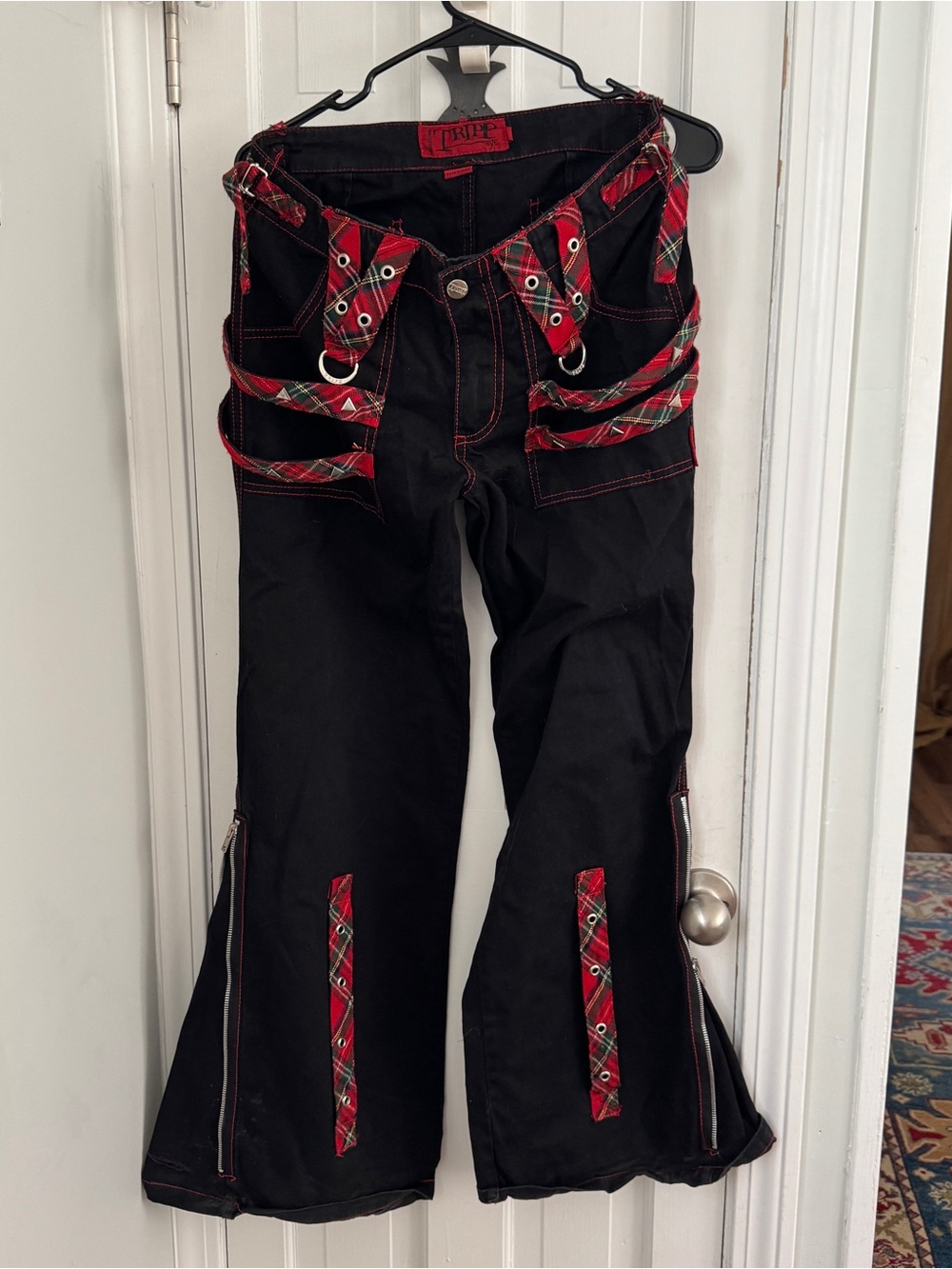 Tripp NYC Black Flare Jeans with Red Plaid Trim